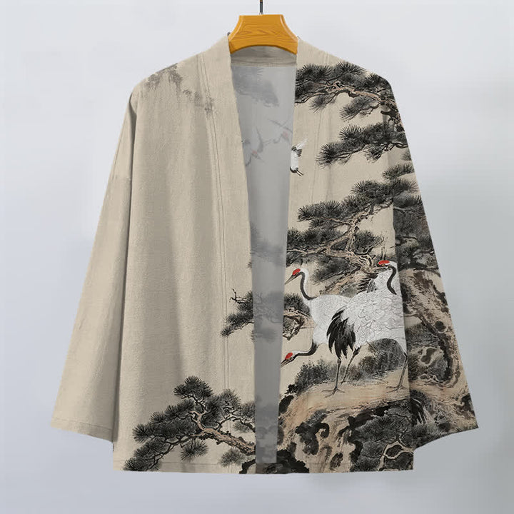 Buddha Stones Męskie kimono z bawełny z nadrukiem w kolorze żurawia i otwartym przodem - image 1