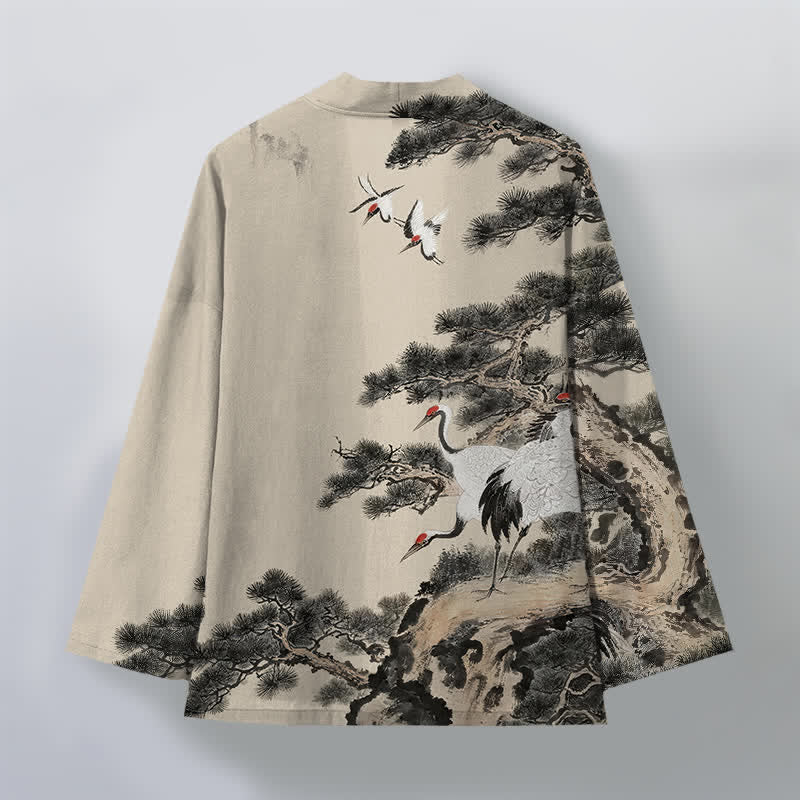 Buddha Stones Męskie kimono z bawełny z nadrukiem w kolorze żurawia i otwartym przodem - image 2