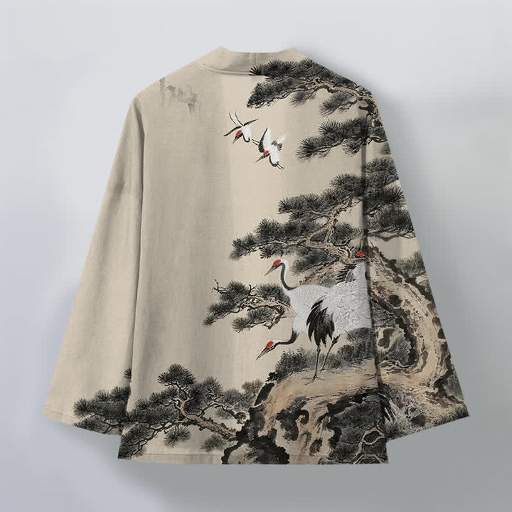 Buddha Stones Męskie kimono z bawełny z nadrukiem w kolorze żurawia i otwartym przodem - image 2