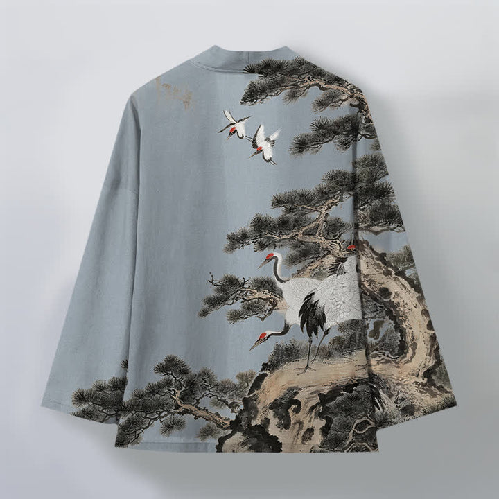 Buddha Stones Męskie kimono z bawełny z nadrukiem w kolorze żurawia i otwartym przodem - image 8