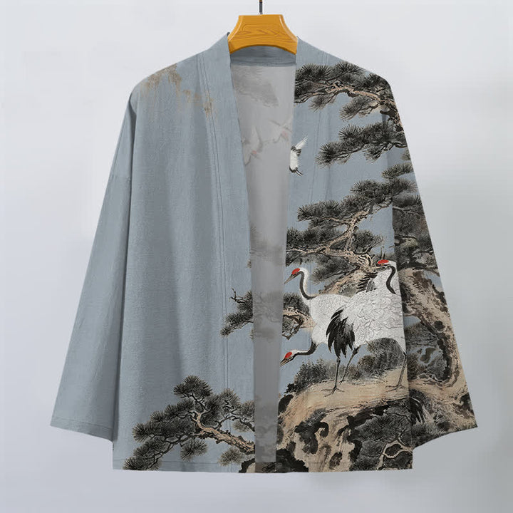 Buddha Stones Męskie kimono z bawełny z nadrukiem w kolorze żurawia i otwartym przodem - image 7
