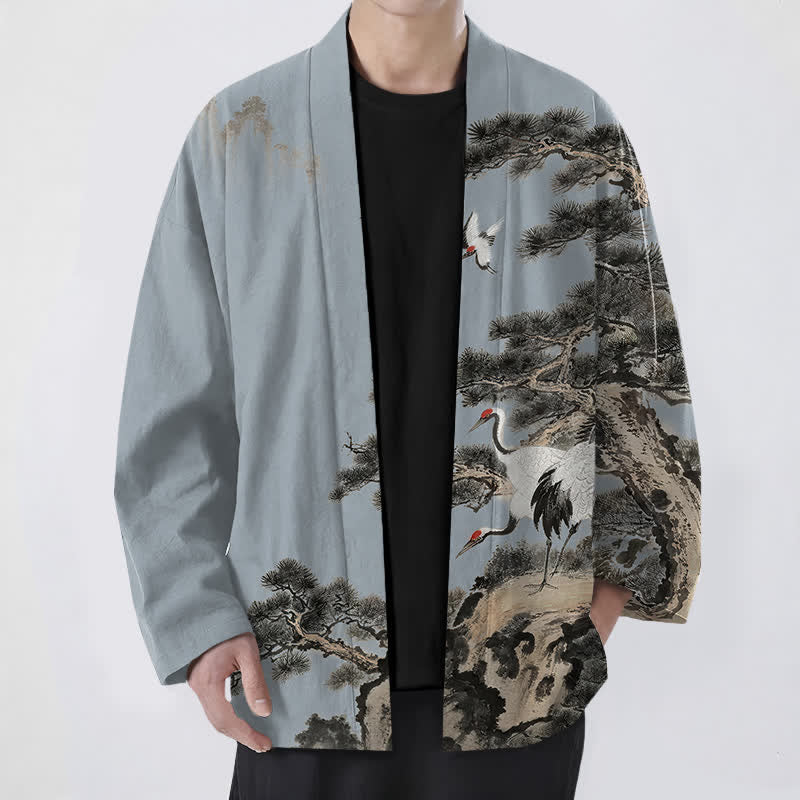Buddha Stones Męskie kimono z bawełny z nadrukiem w kolorze żurawia i otwartym przodem - LightSteelBlue - US/UK/AU48， EU58 (4XL) - image 6
