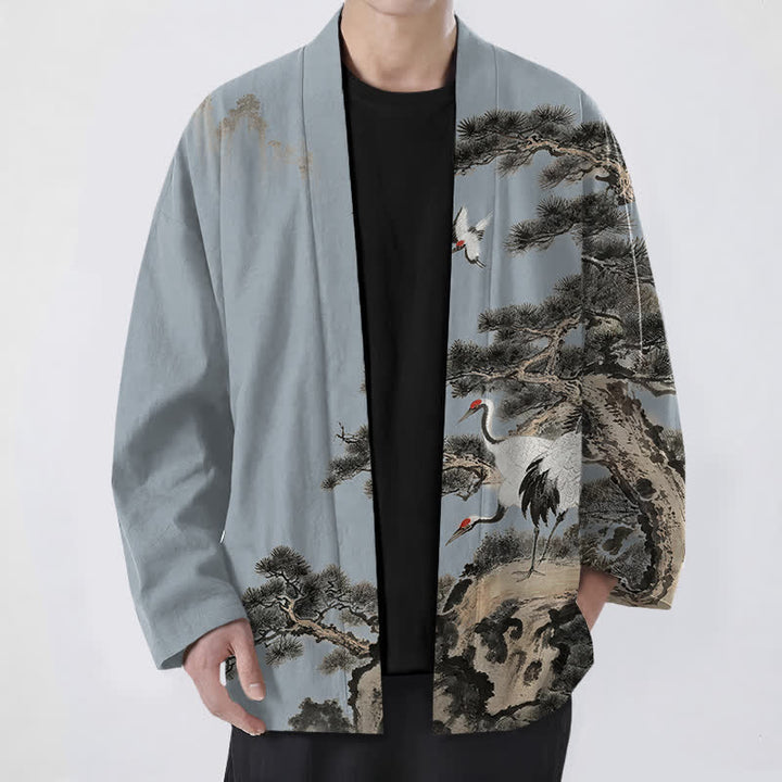 Buddha Stones Męskie kimono z bawełny z nadrukiem w kolorze żurawia i otwartym przodem - LightSteelBlue - US/UK/AU48， EU58 (4XL) - image 6