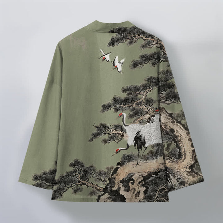 Buddha Stones Męskie kimono z bawełny z nadrukiem w kolorze żurawia i otwartym przodem - image 11