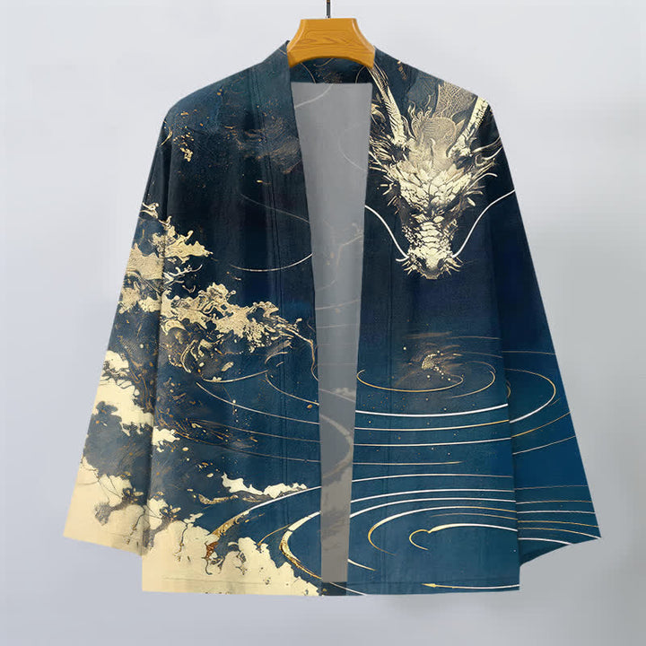 Buddha Stones Bawełniane kimono męskie z odkrytym przodem i wzorem w chmury i złote smoki - image 1