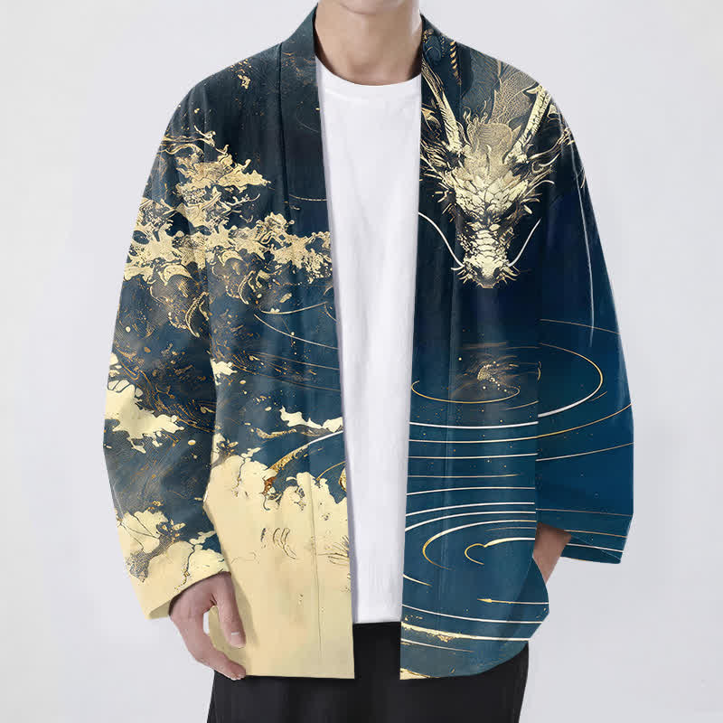Buddha Stones Bawełniane kimono męskie z odkrytym przodem i wzorem w chmury i złote smoki - Marynarka wojenna - US/UK/AU48， EU58 (4XL) - image 0