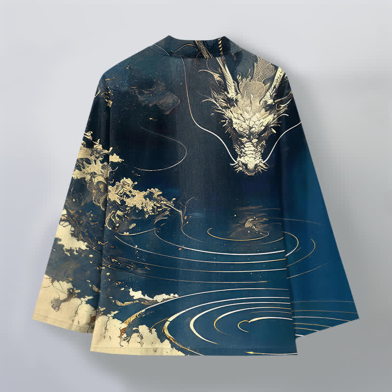 Buddha Stones Bawełniane kimono męskie z odkrytym przodem i wzorem w chmury i złote smoki - image 2
