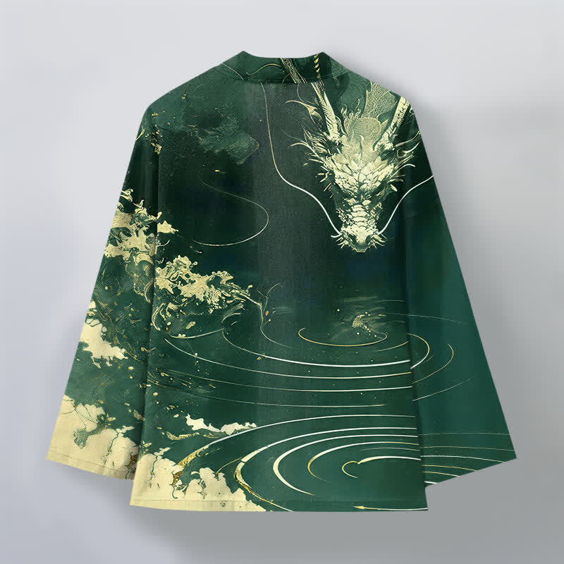 Buddha Stones Bawełniane kimono męskie z odkrytym przodem i wzorem w chmury i złote smoki - image 8