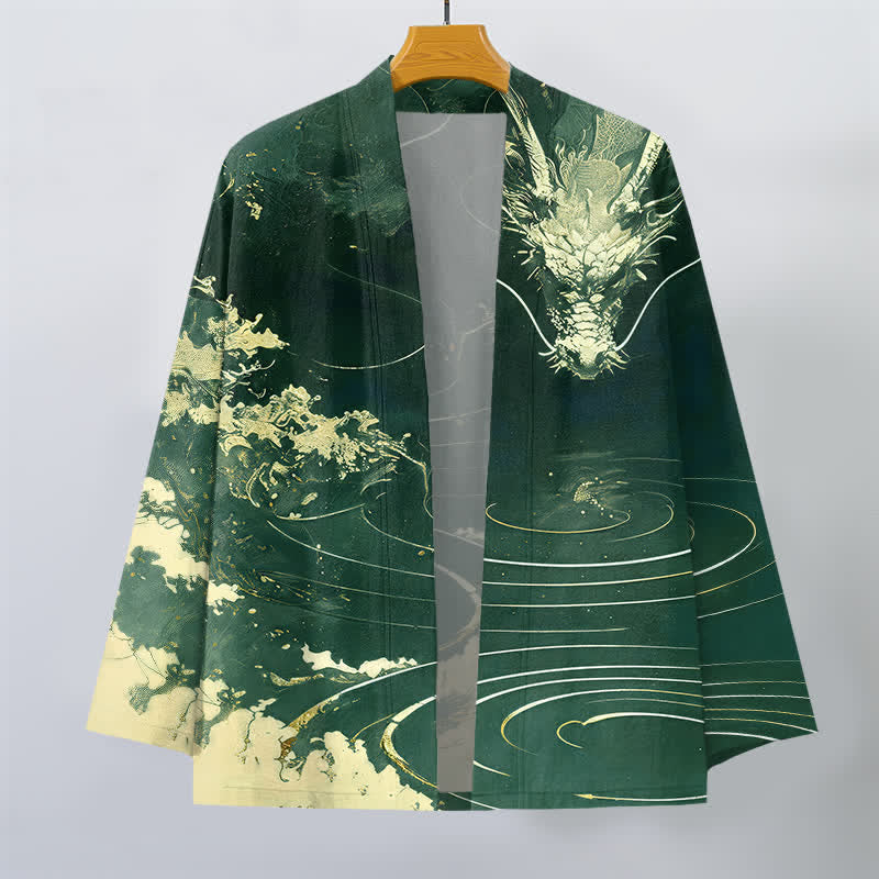 Buddha Stones Bawełniane kimono męskie z odkrytym przodem i wzorem w chmury i złote smoki - image 7