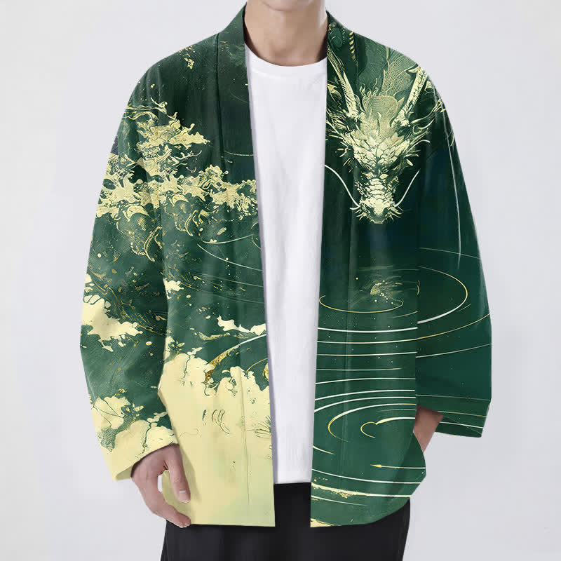 Buddha Stones Bawełniane kimono męskie z odkrytym przodem i wzorem w chmury i złote smoki - Ciemnozielony - US/UK/AU48， EU58 (4XL) - image 6