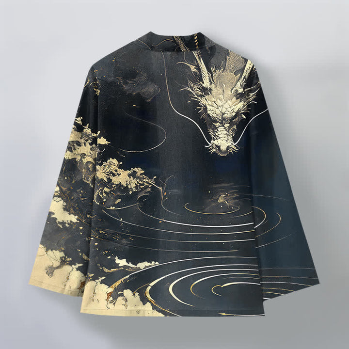 Buddha Stones Bawełniane kimono męskie z odkrytym przodem i wzorem w chmury i złote smoki - image 11