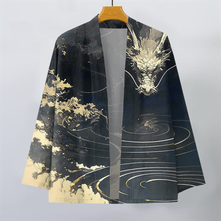 Buddha Stones Bawełniane kimono męskie z odkrytym przodem i wzorem w chmury i złote smoki - image 10