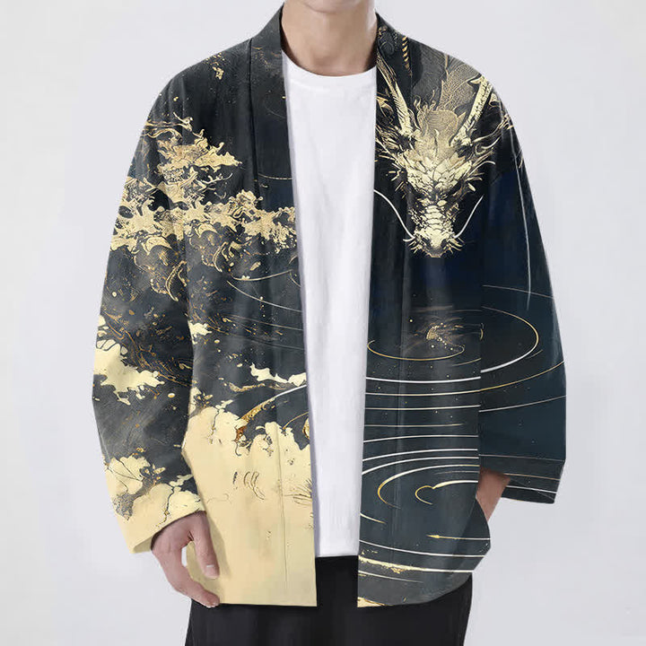 Buddha Stones Bawełniane kimono męskie z odkrytym przodem i wzorem w chmury i złote smoki - Czarny - US/UK/AU48， EU58 (4XL) - image 9