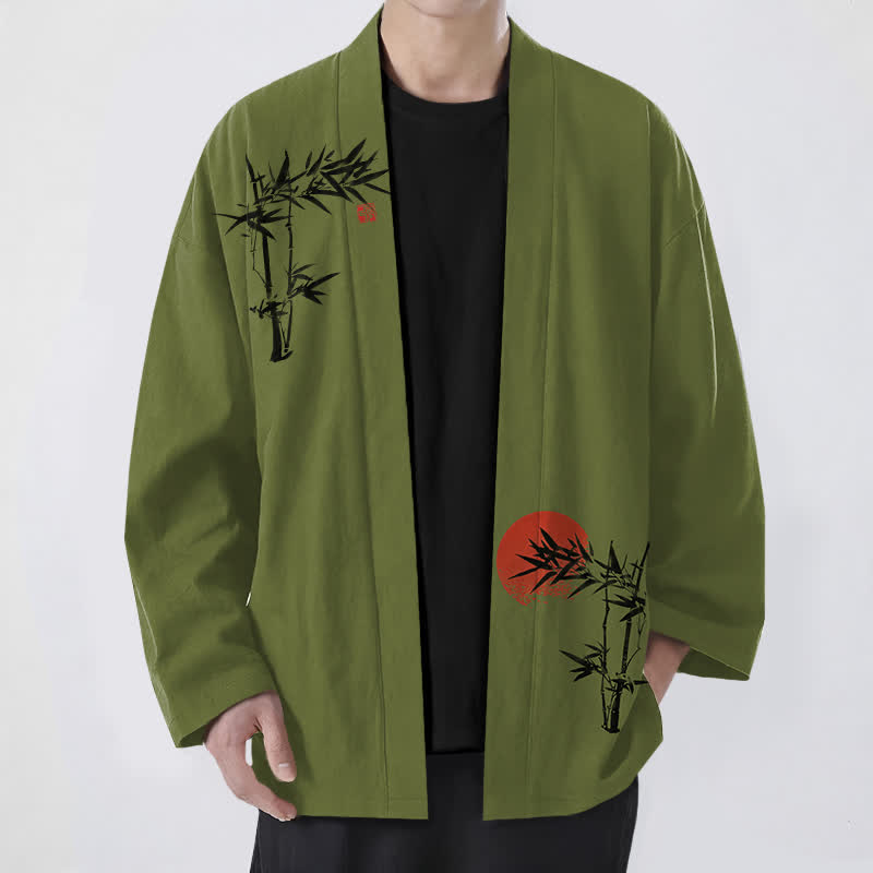 Buddha Stones Męskie kimono z bawełny bambusowej z czerwonym wzorem słońca, z otwartym przodem - Oliwkowy - US/UK/AU48， EU58 (4XL) - image 0