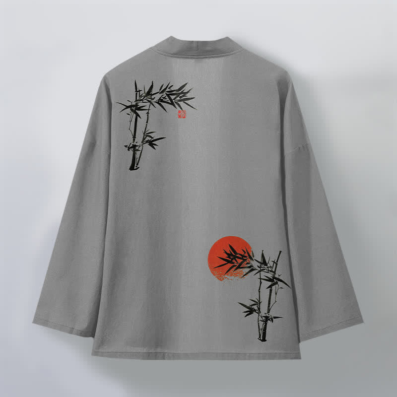 Buddha Stones Męskie kimono z bawełny bambusowej z czerwonym wzorem słońca, z otwartym przodem - image 8