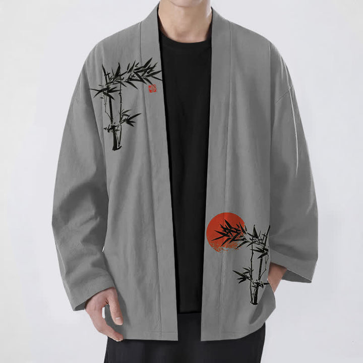 Buddha Stones Męskie kimono z bawełny bambusowej z czerwonym wzorem słońca, z otwartym przodem - Ciemnoszary - US/UK/AU48， EU58 (4XL) - image 6