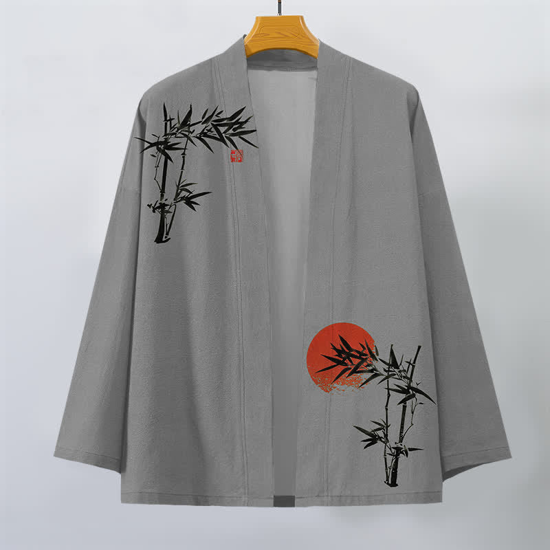 Buddha Stones Męskie kimono z bawełny bambusowej z czerwonym wzorem słońca, z otwartym przodem - image 7