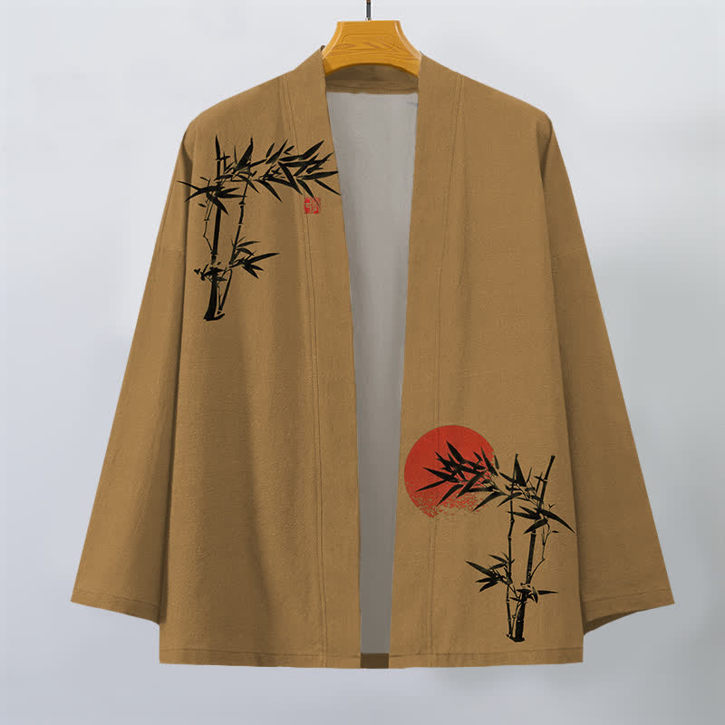 Buddha Stones Męskie kimono z bawełny bambusowej z czerwonym wzorem słońca, z otwartym przodem - image 10