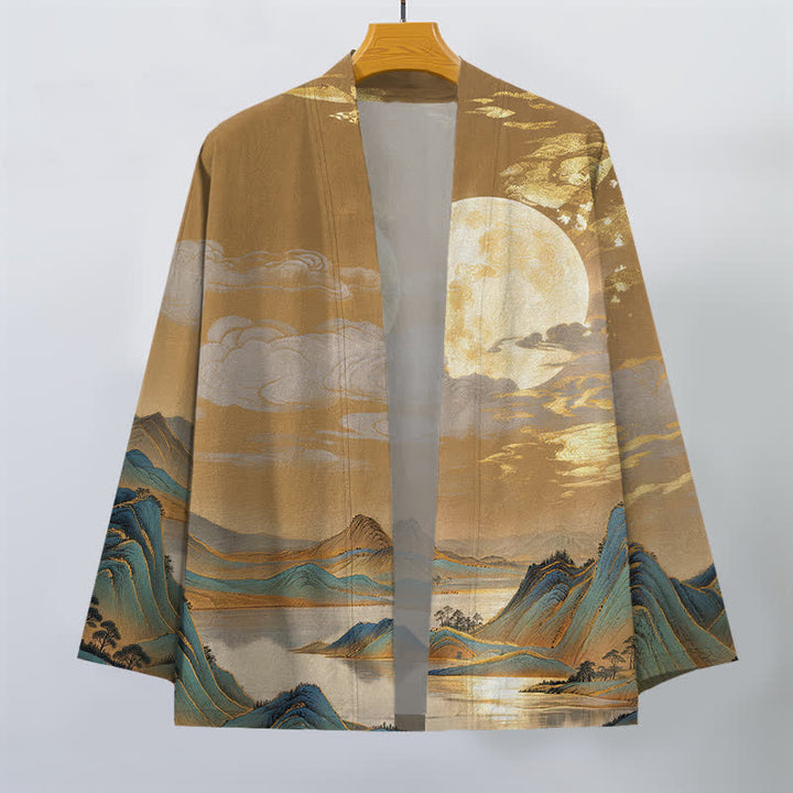 Buddha Stones Bawełniane kimono męskie z odkrytym przodem i wzorem w złoty księżyc i góry - image 1