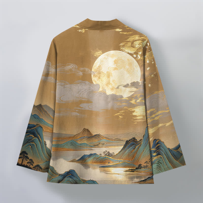 Buddha Stones Bawełniane kimono męskie z odkrytym przodem i wzorem w złoty księżyc i góry - image 2