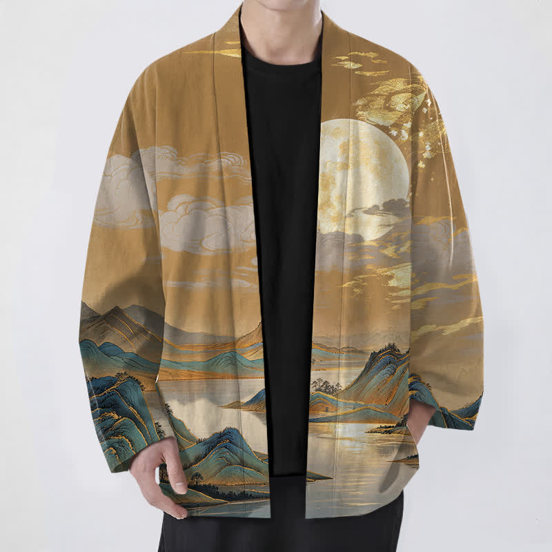 Buddha Stones Bawełniane kimono męskie z odkrytym przodem i wzorem w złoty księżyc i góry - SandyBrown - US/UK/AU48， EU58 (4XL) - image 0