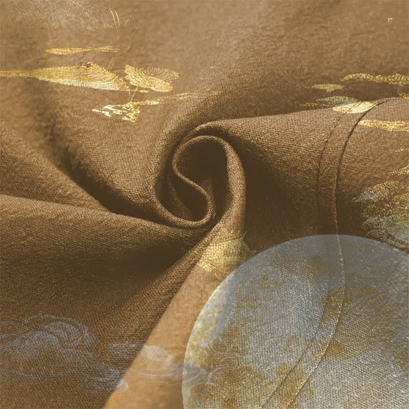 Buddha Stones Bawełniane kimono męskie z odkrytym przodem i wzorem w złoty księżyc i góry - image 5