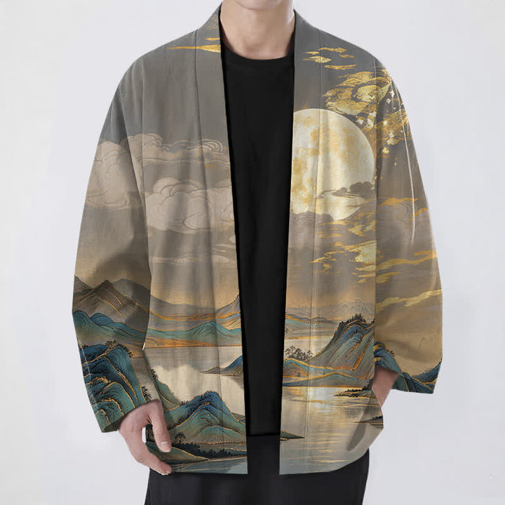 Buddha Stones Bawełniane kimono męskie z odkrytym przodem i wzorem w złoty księżyc i góry - Łupkowoszary - US/UK/AU48， EU58 (4XL) - image 6