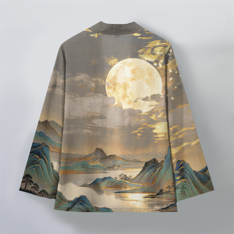 Buddha Stones Bawełniane kimono męskie z odkrytym przodem i wzorem w złoty księżyc i góry - image 8