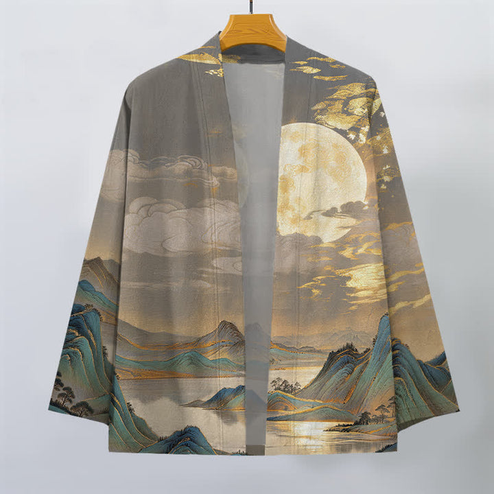 Buddha Stones Bawełniane kimono męskie z odkrytym przodem i wzorem w złoty księżyc i góry - image 7