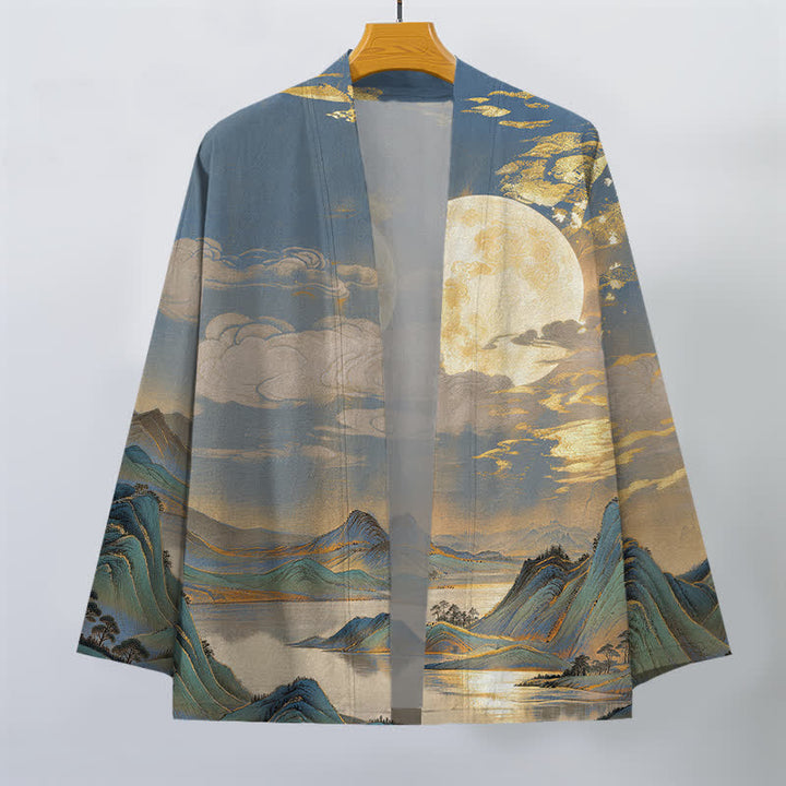 Buddha Stones Bawełniane kimono męskie z odkrytym przodem i wzorem w złoty księżyc i góry - image 10