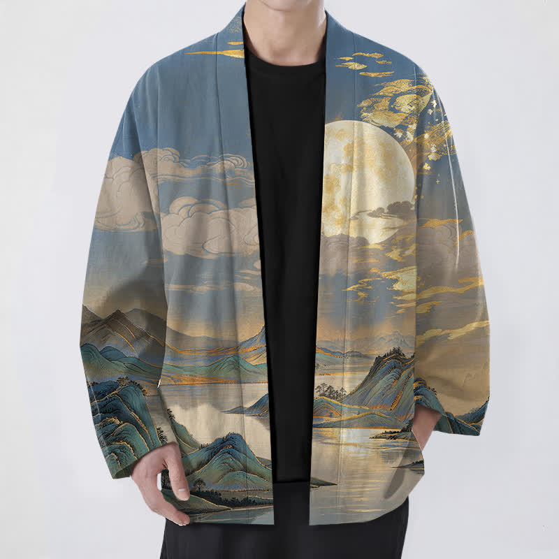 Buddha Stones Bawełniane kimono męskie z odkrytym przodem i wzorem w złoty księżyc i góry - Stalowoniebieski - US/UK/AU48， EU58 (4XL) - image 9
