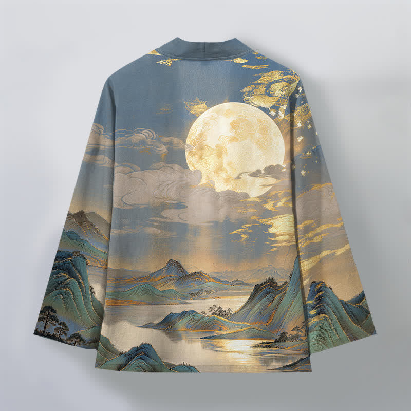 Buddha Stones Bawełniane kimono męskie z odkrytym przodem i wzorem w złoty księżyc i góry - image 11