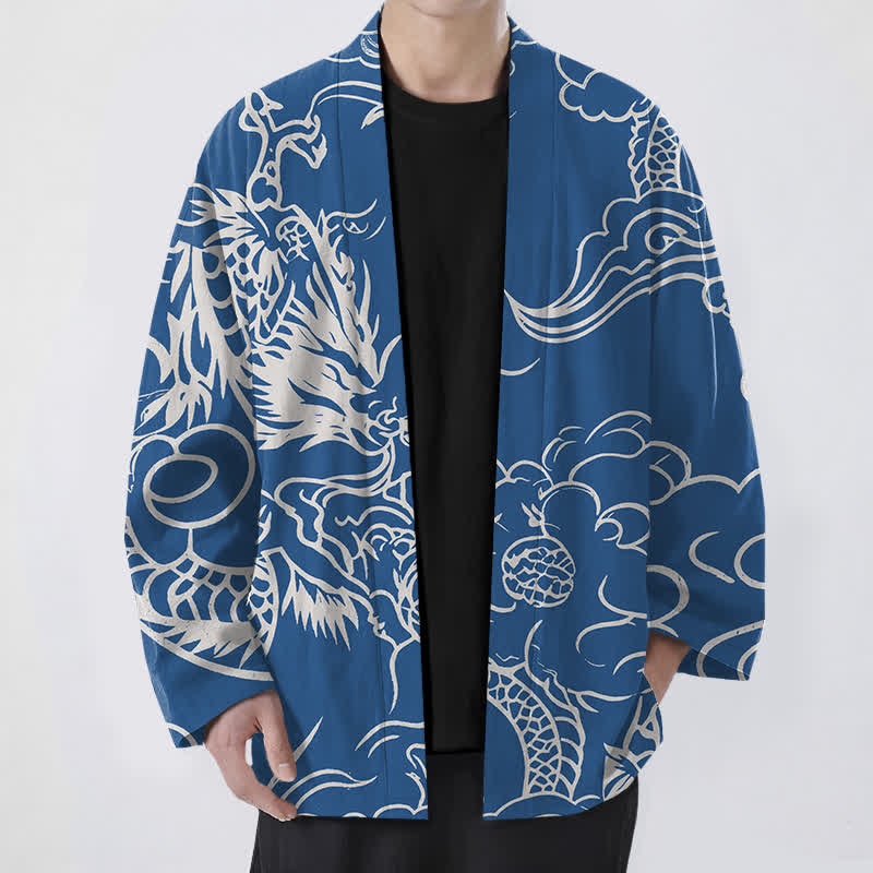 Buddha Stones Bawełniane białe kimono męskie z odkrytym przodem i wzorem smoka i chmur - RoyalBlue - US/UK/AU48， EU58 (4XL) - image 0