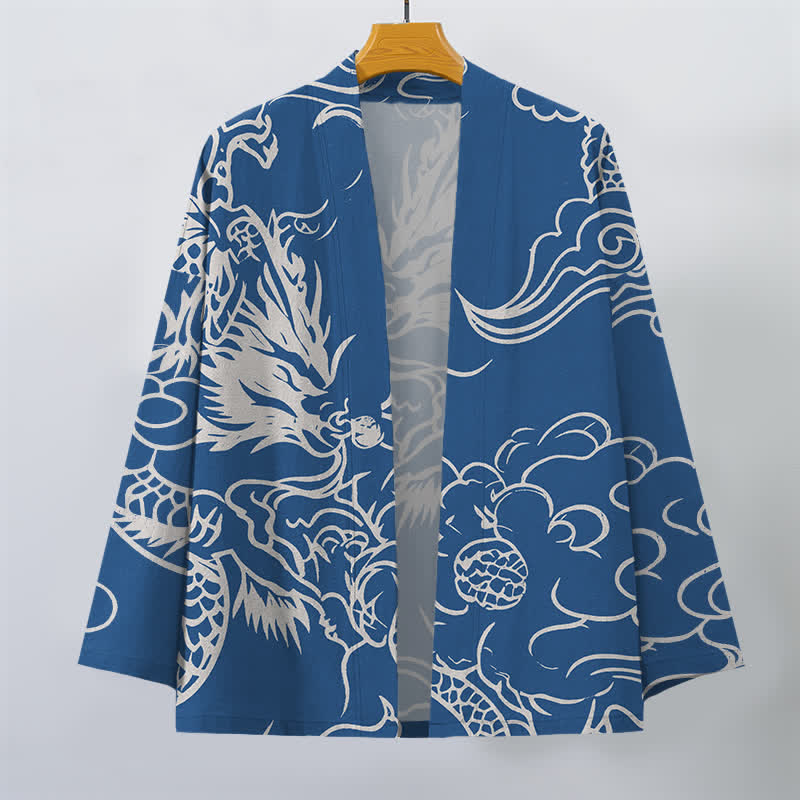 Buddha Stones Bawełniane białe kimono męskie z odkrytym przodem i wzorem smoka i chmur - image 1