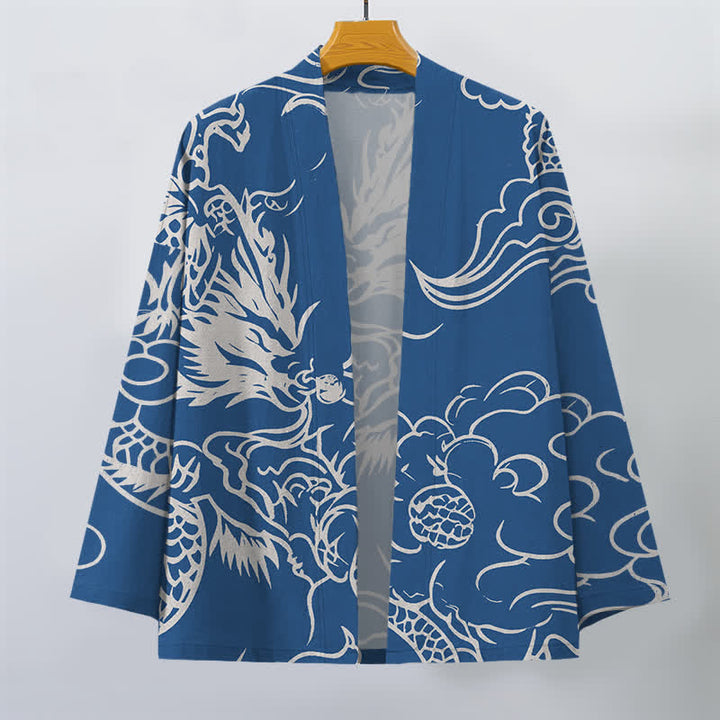 Buddha Stones Bawełniane białe kimono męskie z odkrytym przodem i wzorem smoka i chmur - image 1