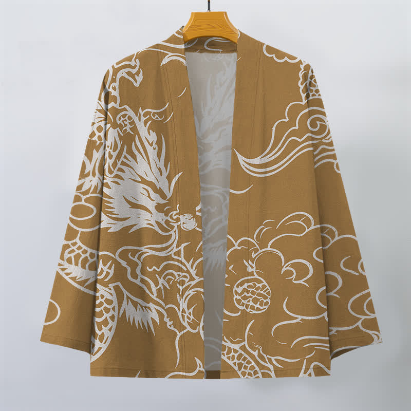 Buddha Stones Bawełniane białe kimono męskie z odkrytym przodem i wzorem smoka i chmur - image 7