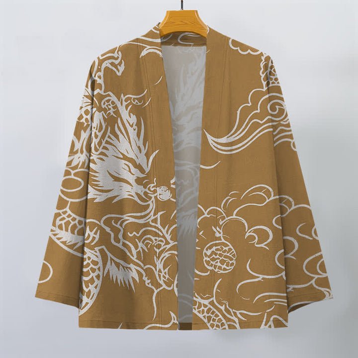 Buddha Stones Bawełniane białe kimono męskie z odkrytym przodem i wzorem smoka i chmur - image 7
