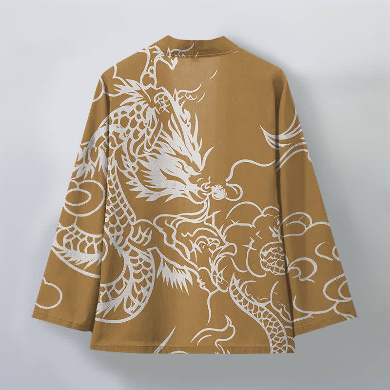 Buddha Stones Bawełniane białe kimono męskie z odkrytym przodem i wzorem smoka i chmur - image 8