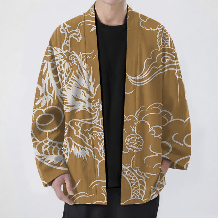 Buddha Stones Bawełniane białe kimono męskie z odkrytym przodem i wzorem smoka i chmur - Nawłoć - US/UK/AU48， EU58 (4XL) - image 6