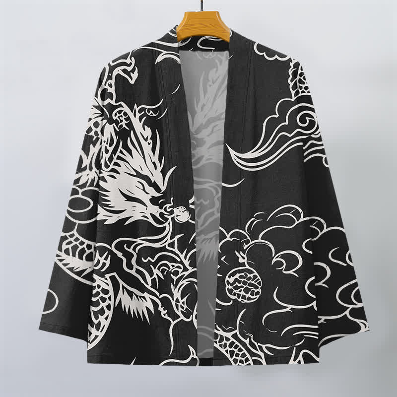 Buddha Stones Bawełniane białe kimono męskie z odkrytym przodem i wzorem smoka i chmur - image 10