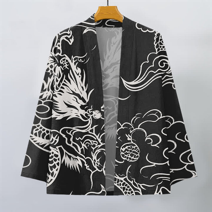 Buddha Stones Bawełniane białe kimono męskie z odkrytym przodem i wzorem smoka i chmur - image 10