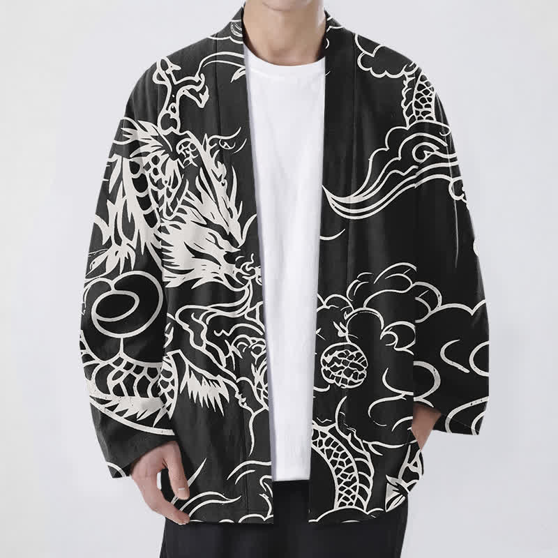 Buddha Stones Bawełniane białe kimono męskie z odkrytym przodem i wzorem smoka i chmur - Czarny - US/UK/AU48， EU58 (4XL) - image 9
