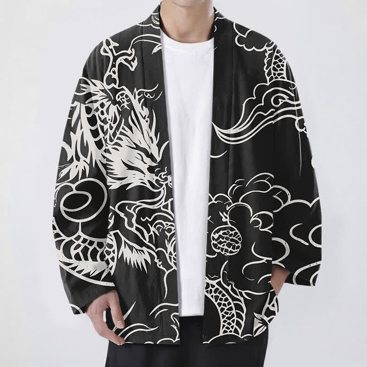 Buddha Stones Bawełniane białe kimono męskie z odkrytym przodem i wzorem smoka i chmur - Czarny - US/UK/AU48， EU58 (4XL) - image 9