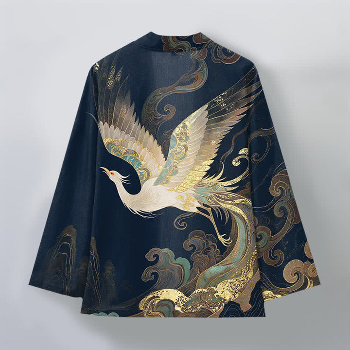 Buddha Stones Bawełniane kimono męskie z odkrytym przodem i wzorem w złote chmury żurawia - image 2