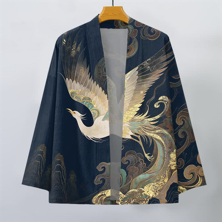 Buddha Stones Bawełniane kimono męskie z odkrytym przodem i wzorem w złote chmury żurawia - image 1