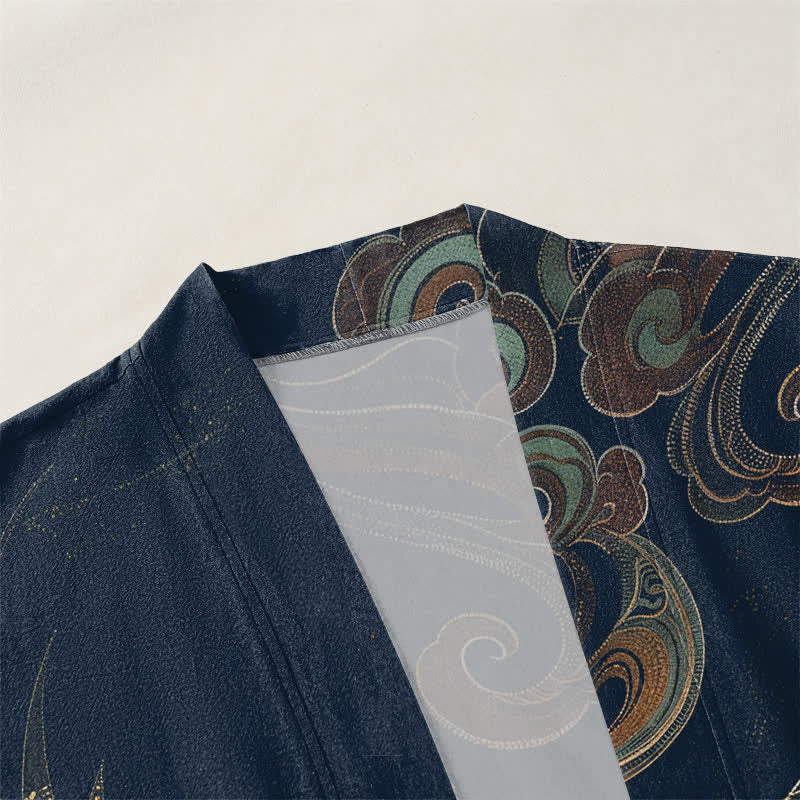 Buddha Stones Bawełniane kimono męskie z odkrytym przodem i wzorem w złote chmury żurawia - image 3
