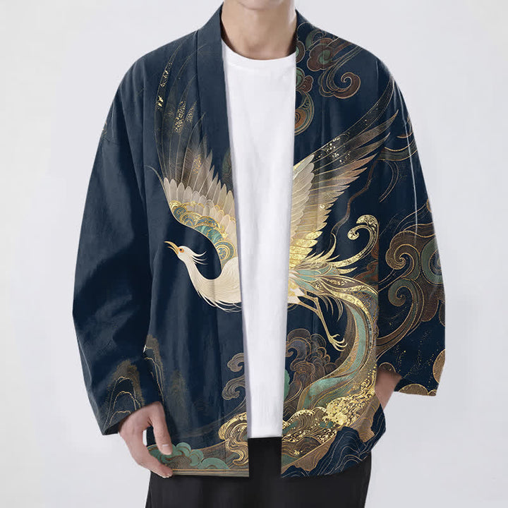 Buddha Stones Bawełniane kimono męskie z odkrytym przodem i wzorem w złote chmury żurawia - Marynarka wojenna - US/UK/AU48， EU58 (4XL) - image 0