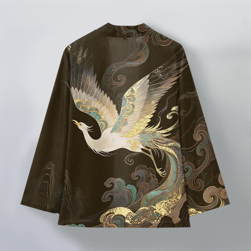 Buddha Stones Bawełniane kimono męskie z odkrytym przodem i wzorem w złote chmury żurawia - image 8