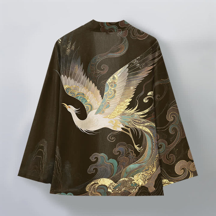 Buddha Stones Bawełniane kimono męskie z odkrytym przodem i wzorem w złote chmury żurawia - image 8