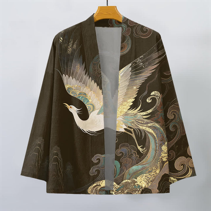 Buddha Stones Bawełniane kimono męskie z odkrytym przodem i wzorem w złote chmury żurawia - image 7